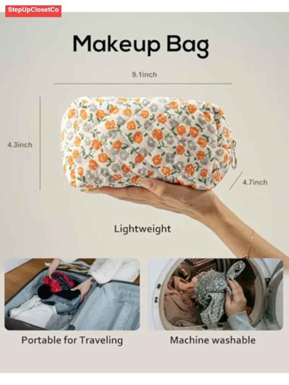 Floral Quilted Cotton Makeup Bag Travel Toiletry Organizer Pouch